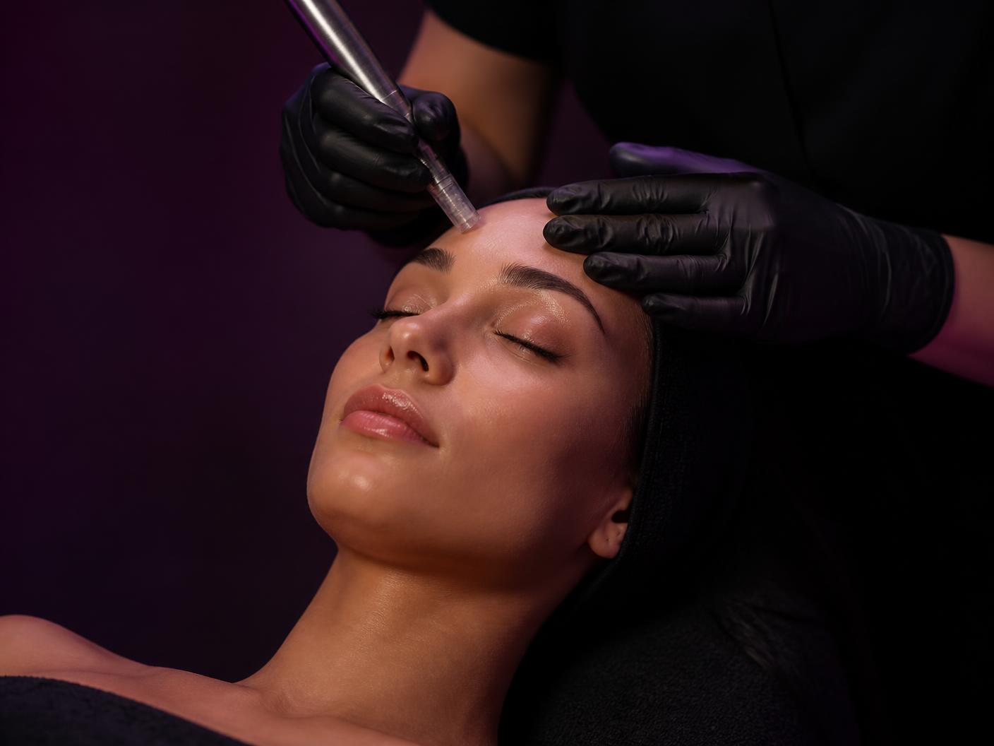 Esthetician performing a precise facial treatment for a client