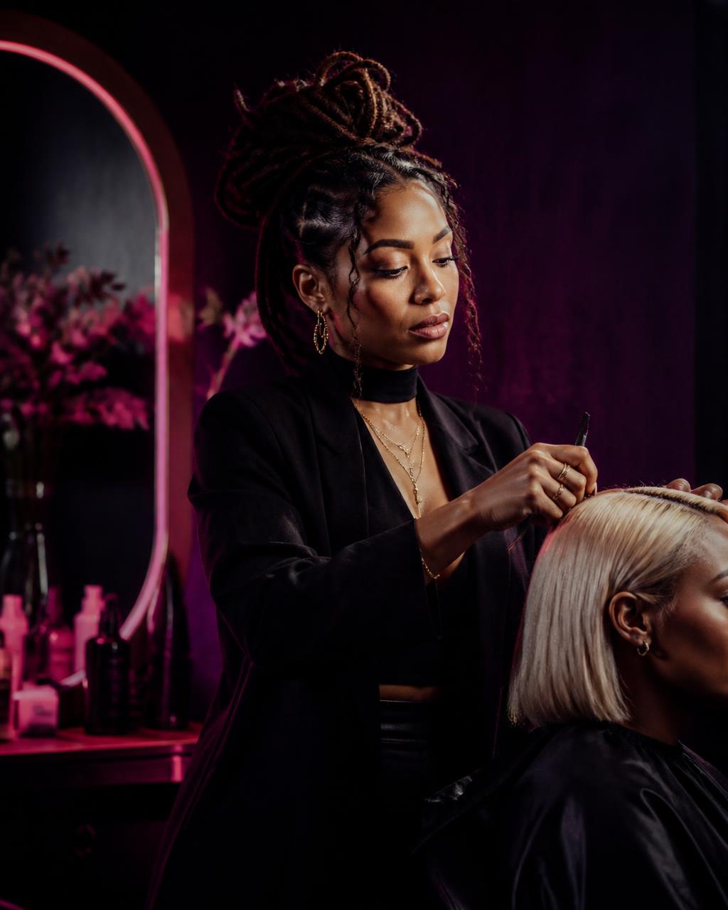 Independent hairstylist finishing a blowout for a client in her own salon suite