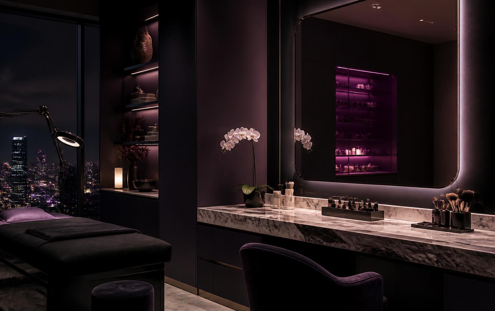 Upscale beauty studio suite with marble counter and soft accent lighting